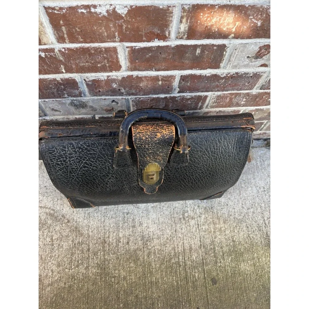 Antique Doctor Bag Physicians Black Pebble Grain Leather Art Deco Brass MCM Vtg